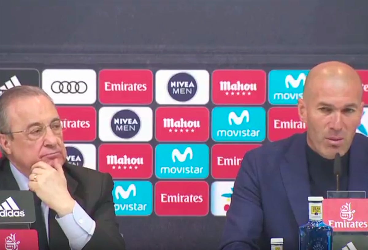 Florentino Pérez y Zinedine Zidane en la rueda de prensa