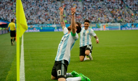 Messi celebra su primer gol en Rusia 2018, el número 100 de este Mundial