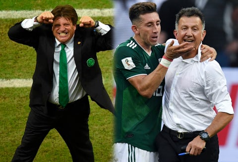 Miguel Herrera (izq) y Juan Carlos Osorio celebrando con sus jugadores (der)