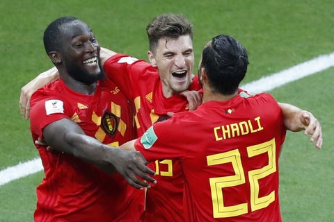 Lukaku, Chadli y Meunier celebrando el gol de la victoria ante Japón en Rusia-2018.