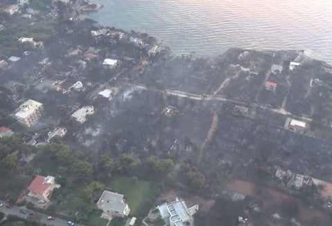 Zonas afectadas por las llamas de incendio en Grecia