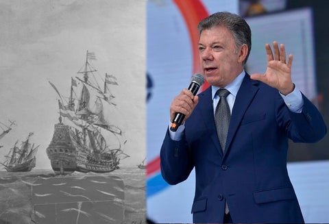 Imagen de archivo del Galeón San José y el presidente Juan Manuel Santos