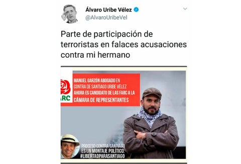 El mensaje que publicó en Twitter el expresidente Álvaro Uribe sobre Manuel Garzón