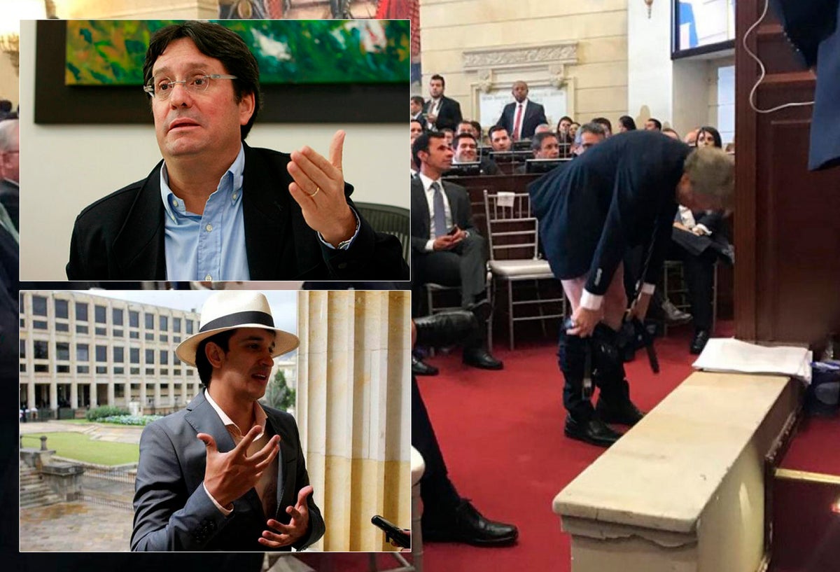 Pachos Santos (Izq arriba), Víctor Correa (Izq abajo) y Mockus bajándose los pantalones en el Senado (Der)