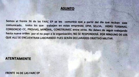 Panfleto de Disidencia del Frente 36 de las Farc