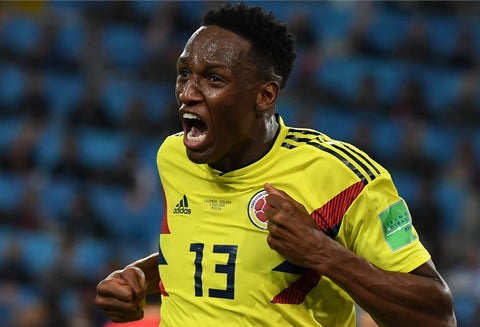 Yerry Mina celebrando su gol ante Inglaterra, en el Spartak Stadium de Moscú, el 3 de julio de 2018