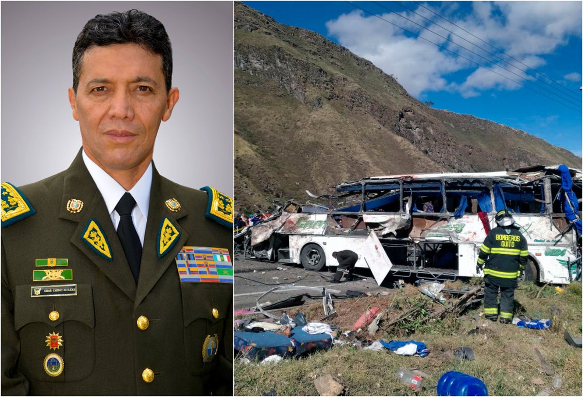 El general de Distrito Carlos Enrique Alulema, director nacional antinarcóticos de Ecuador. Y el bus accidentado en Quito