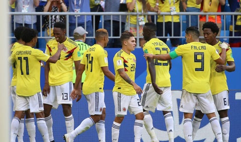 La Selección Colombia celebrando un gol ante Senegal en Rusia 2018