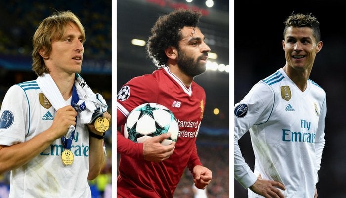 Luka Modric, Cristiano Ronaldo y Mohamed Salah.