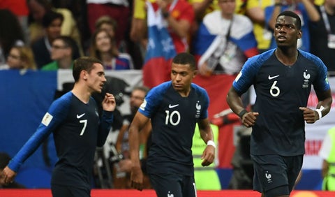 Antoine Griezmann, Kylian Mbappe y Paul Pogba con Francia en Rusia 2018