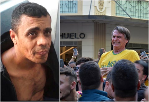 Adélio Bispo de Oliveira, el agresor, y Jair Bolsonaro justo cuando era apuñalado