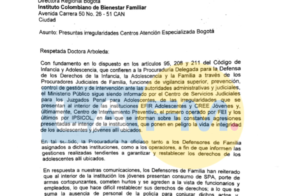La carta que envió la Procuraduría al ICBF sobre "Presuntas irregularidades Centros Atención Especializada Bogotá"