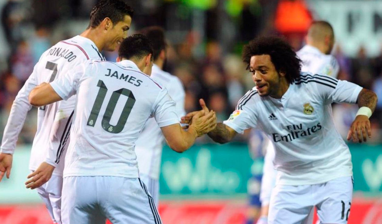 Cristiano, James y Marcelo celebrando un gol en el Real Madrid