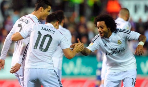 Cristiano, James y Marcelo celebrando un gol en el Real Madrid