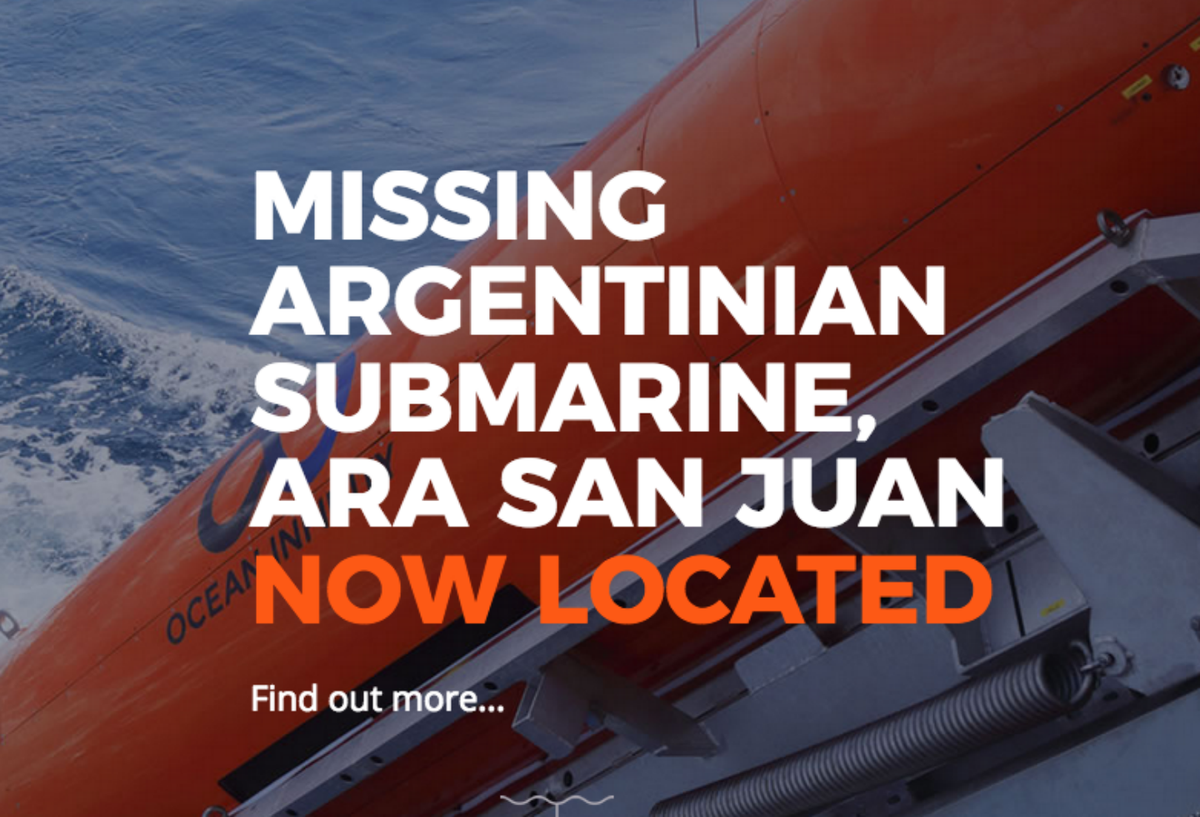 Imagen publicada por Ocean Infinity tras el hallazgo del submarino Ara San Juan