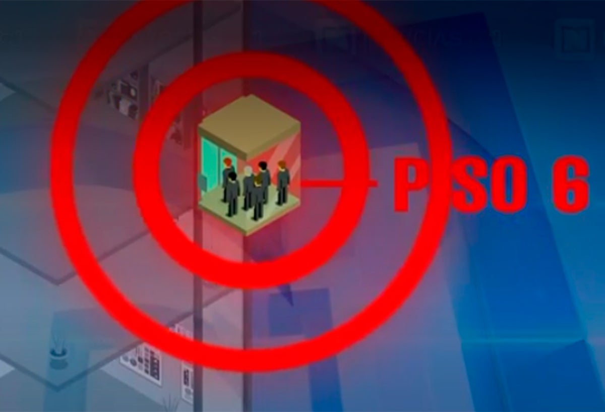 Ilustración de las seis personas que estaban dentro del ascensor, en el Palacio de Justicia de Cali