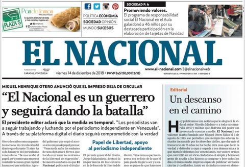 La última portada de la edición impresa del diario El Nacional, de Venezuela