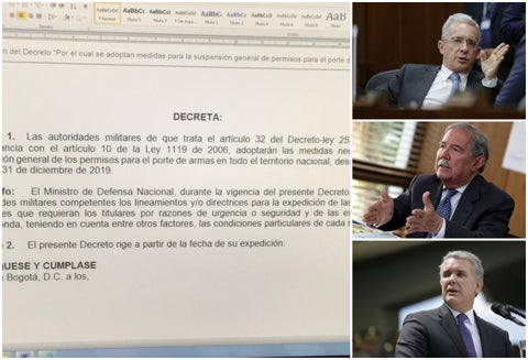El decreto que publicó el expresidente Álvaro Uribe en su cuenta en Twitter. A la derecha el exmandatario, el ministro de Defensa Guillermo Botero y el presidente Iván Duque