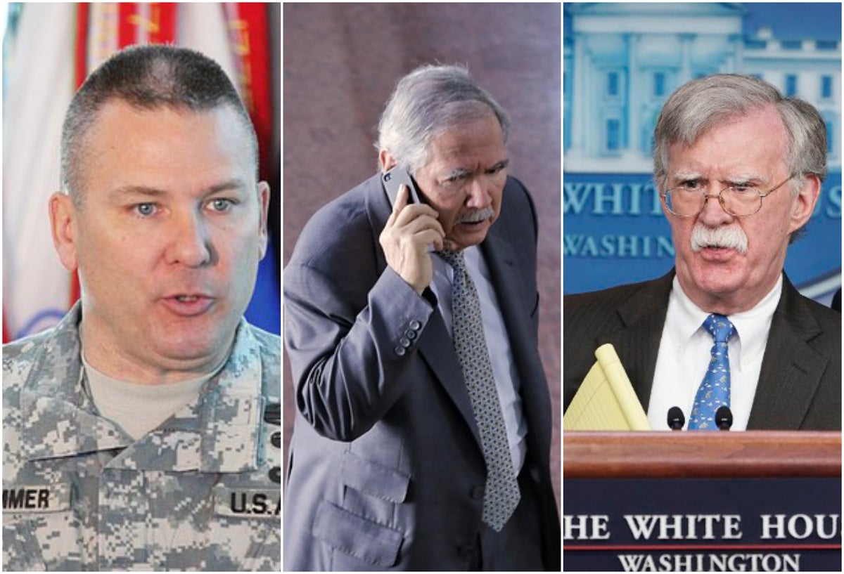Mark Stammer, comandante del Ejército Sur de Estados Unidos; Guillermo Botero, ministro de Defensa, y John Bolton, asesor de seguridad nacional de Estados Unidos