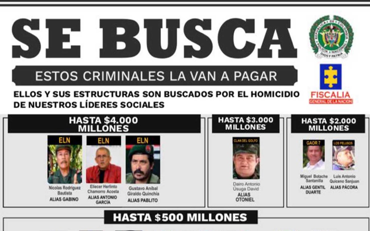 Recompensa por cabecillas de grupos armados ilegales.