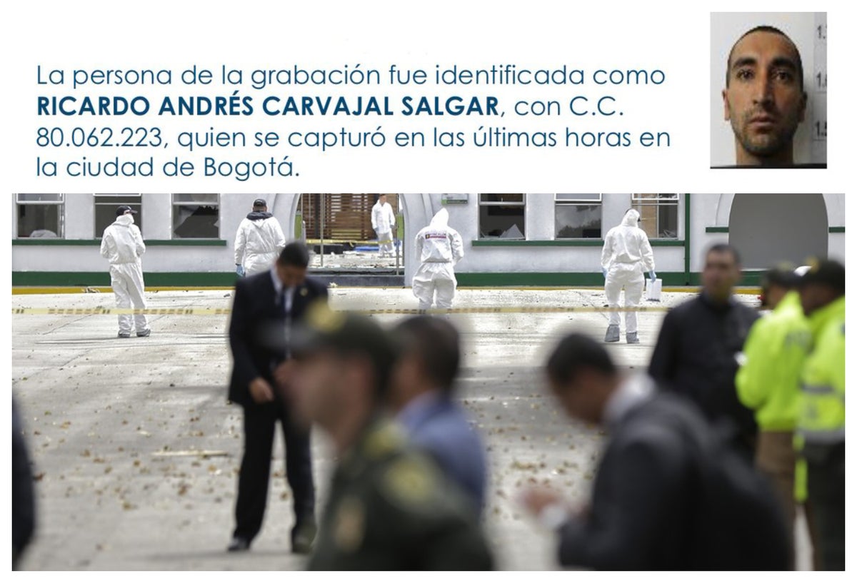 Arriba Ricardo Andrés Carvajal Salgar. Abajo, las imágenes de la Escuela General Santander, en Bogotá, donde tuvo lugar el atentado