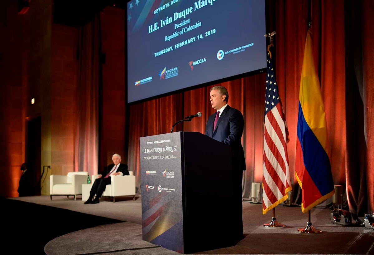 El presidente, Iván Duque, en la Cámara de Comercio de Estados Unidos, en Washington