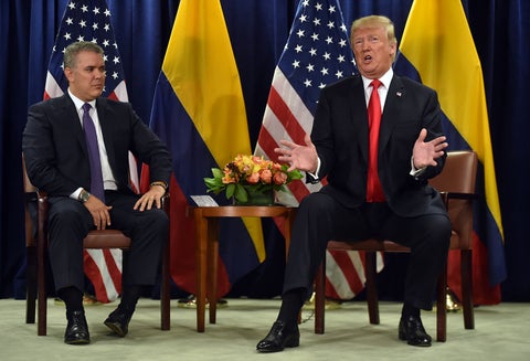 El presidente Iván Duque y su homólogo, el mandatario de Estados Unidos Donald Trump, el 25 de septiembre de 2018 en Nueva York