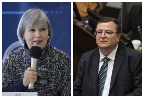 La presidenta de la Jurisdicción Especial para la Paz, Patricia Linares y el magistrado de ese tribunal, Alejando Ramelli.