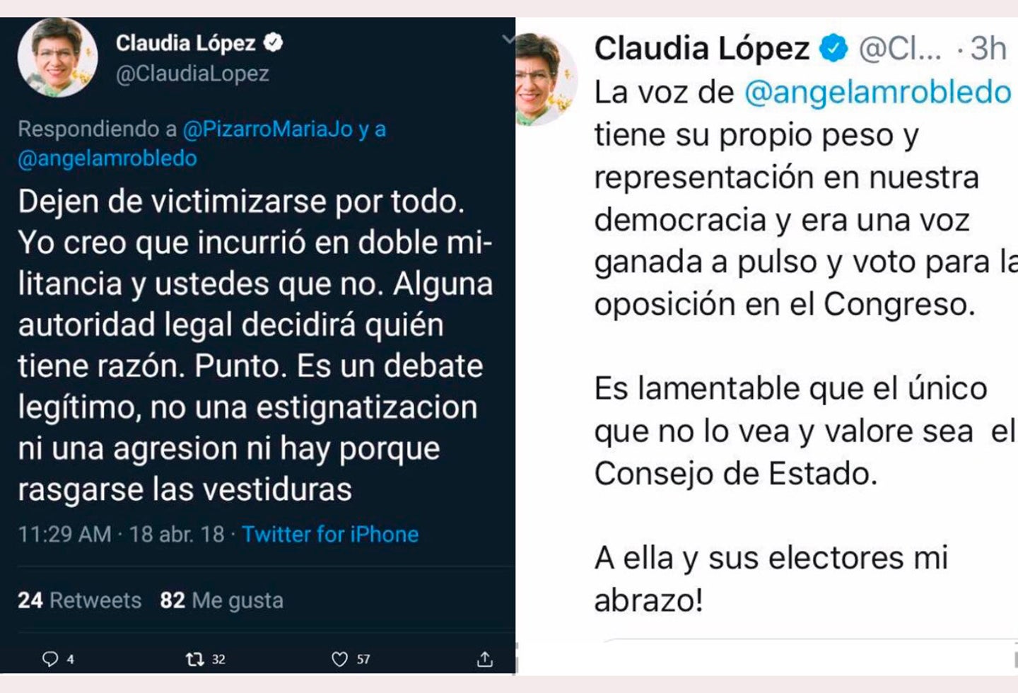 Los mensajes publicados en Twitter por Claudia López, candidata a la Alcaldía de Bogotá