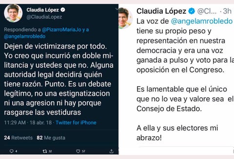Los mensajes publicados en Twitter por Claudia López, candidata a la Alcaldía de Bogotá