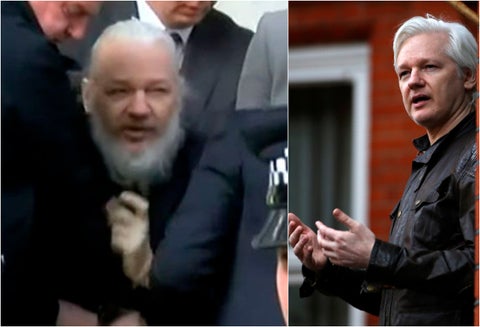 Julián Assange, fundador de Wikileaks, tras ser sacado de la embajada de Ecuador en Londres. A la derecha su aspecto el 19 de mayo de 2017, en el mismo lugar