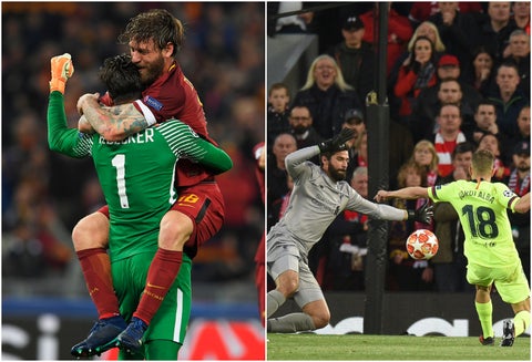 Alisson Becker celebrando con Daniele De Rossi la remontada de AS Roma ante Barcelona el 10 de abril de 2018 en Roma y Alisson Becker en el juego de la remontada de Liverpool ante Barcelona, el 7 de mayo de 2019 en Liverpool, ambos por Champions