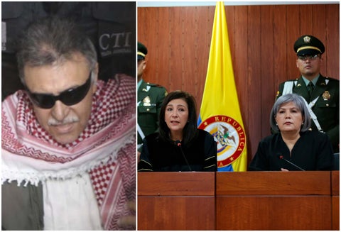 Jesús Santrich, integrante del partido Farc; Gloria Ortíz, presidenta de la Corte Constitucional y Patricia Linares, presidenta de la JEP