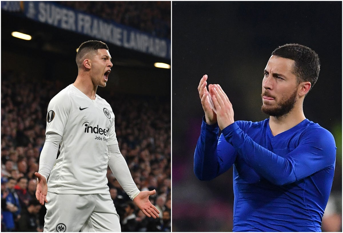 Luka Jovic y Eden Hazard en la semifinal de la Liga Europa entre Chelsea y Eintracht Frankfurt en Londres, el 9 de mayo de 2019
