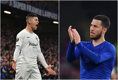 Luka Jovic y Eden Hazard en la semifinal de la Liga Europa entre Chelsea y Eintracht Frankfurt en Londres, el 9 de mayo de 2019