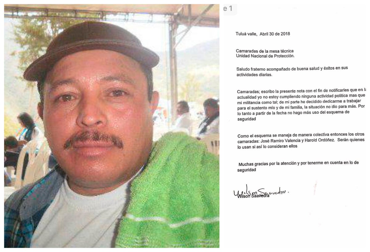 Wilson Saavedra, exintegrante de las Farc asesinado. A la derecha la misiva que envió