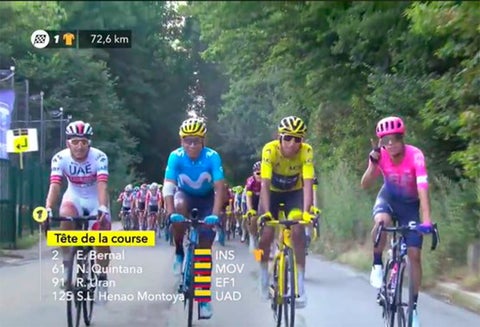 Sergio Luis Henao, Nairo Quintana, Egan Bernal y Rigoberto Urán en la etapa 21 del Tour de Francia 2019