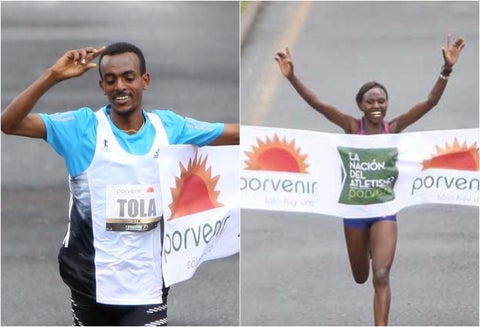 Tamirat Tola, rama masculina, y Ruth Chepngetich, femenina, ganadores de la Media Maratón de Bogotá