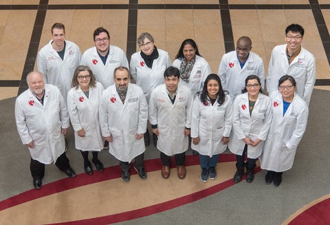 Los investigadores, de arriba a abajo e izquierda a derecha: James Hilaire, Brady Sillman, Ph.D., Larisa Poluektova, M.D., Ph.D., Santhi Gorantla, Ph.D., Benson Edagwa, Ph.D., y Hang Su. Abajo: R. Lee Mosley, Ph.D., JoEllyn McMillan, Ph.D., Howard Gendelman, M.D., Prasanta Dash, Ph.D., Saumi Mathews, Ph.D., Mary Banoub y Zhiyi Lin.