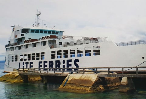 Imagen del "Lite Ferry 16" anclado, previo al incendio. Se movilizaban en él 136 pasajeros y 38 tripulantes.