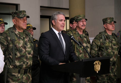 El presidente Iván Duque anunciando en Popayán que alias Alonso fue abatido