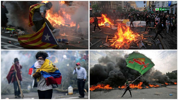 Distintas imágenes de protestas en Cataluña, Argelia, Hong Kong.