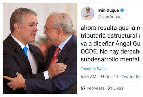 El presidente, Iván Duque, junto con Ángel Gurría, secretario general de la OCDE, en la Casa de Nariño, en Bogotá. A la derecha, el trino del exsenador y ahora jefe de Estado