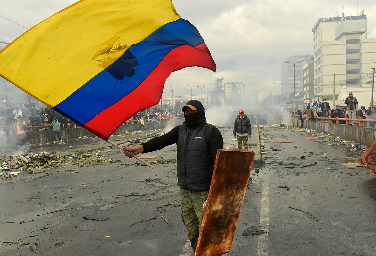Un manifestante ecuatoriano recorriendo las calles de Quito