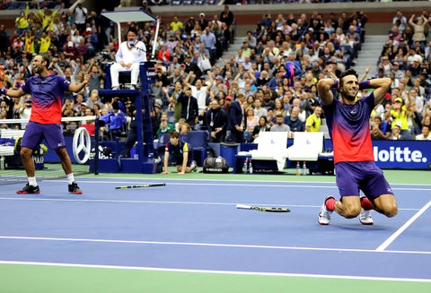 Juan Sebastián Cabal y Robert Farah luego del ganar el Us Open 2019, el 6 de septiembre de 2019 en Nueva York (Estados Unidos)