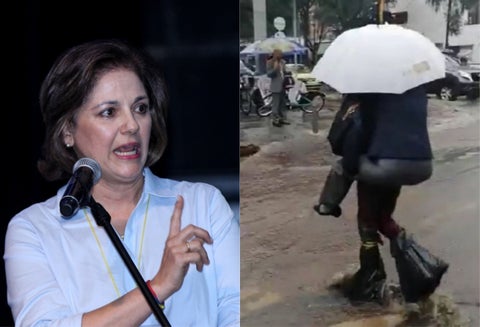 María del Rosario Guerra cruza un charco montada a tuta