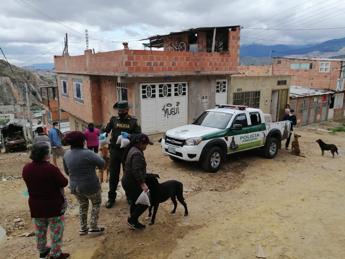 Policía en Bogotá llevando comida a perros y gatos.