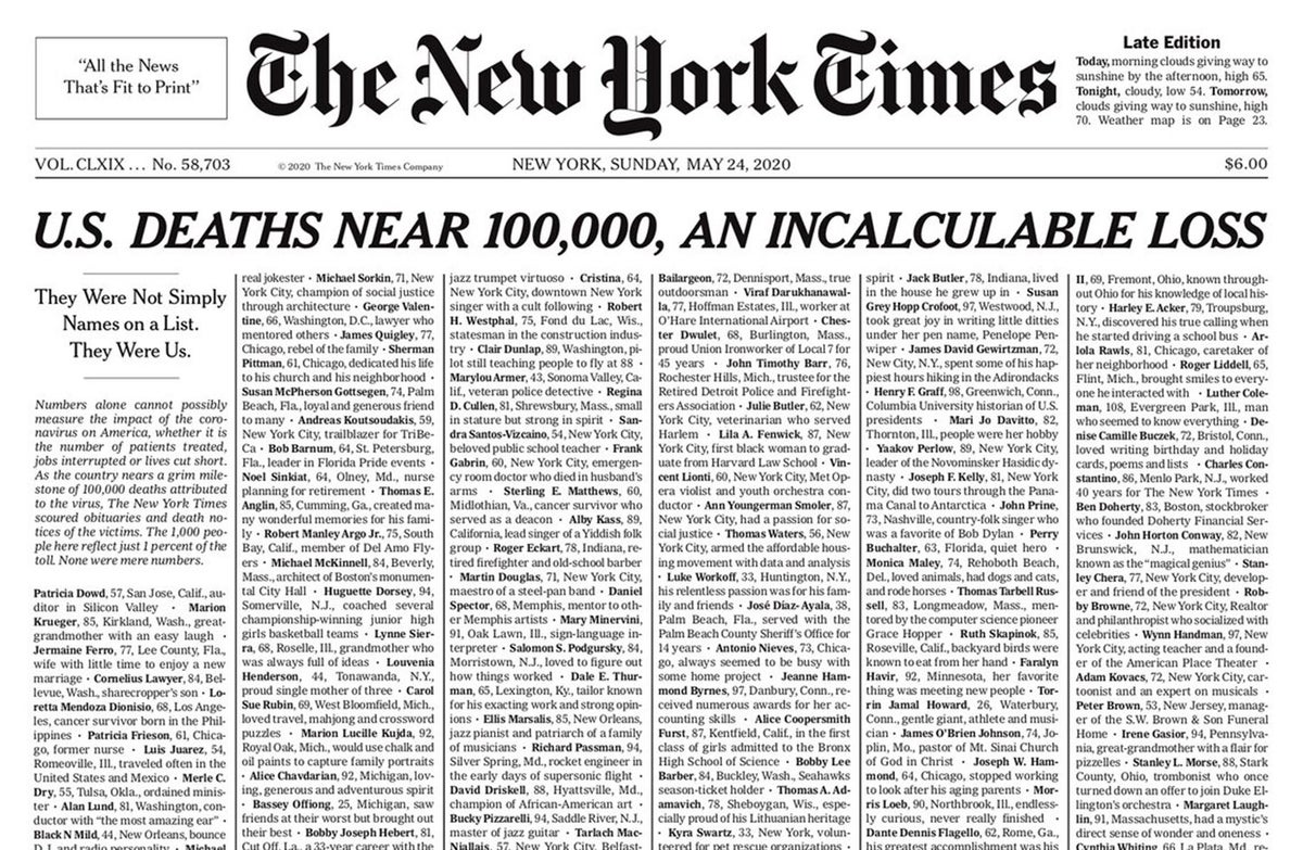 New York Times llena su portada de obituarios