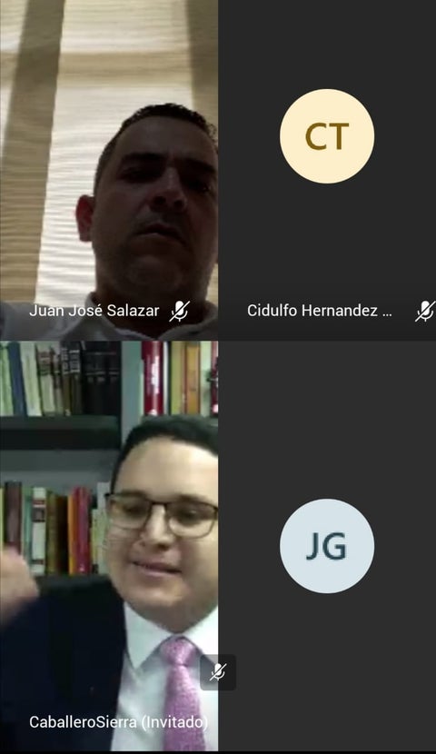En la parte superior (Juan José Salazar Cruz) y en la parte inferior su abogado defensor, Andrés Félipe Caballero durante la diligencia virtual