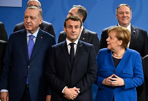 Recep Tayyip Erdogan, Emmanuel Macron y Angela Merkel